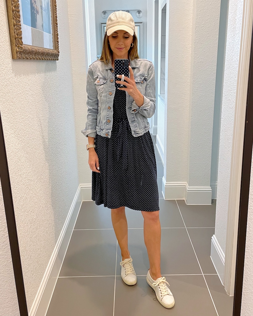 navy polka dot dress with denim jacket
