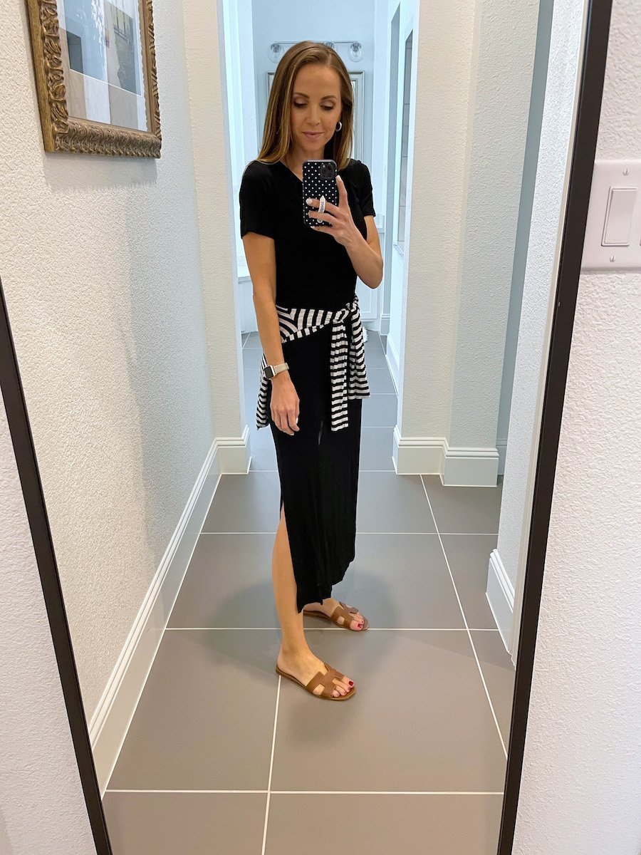 t-shirt dress with striped tee and sandals