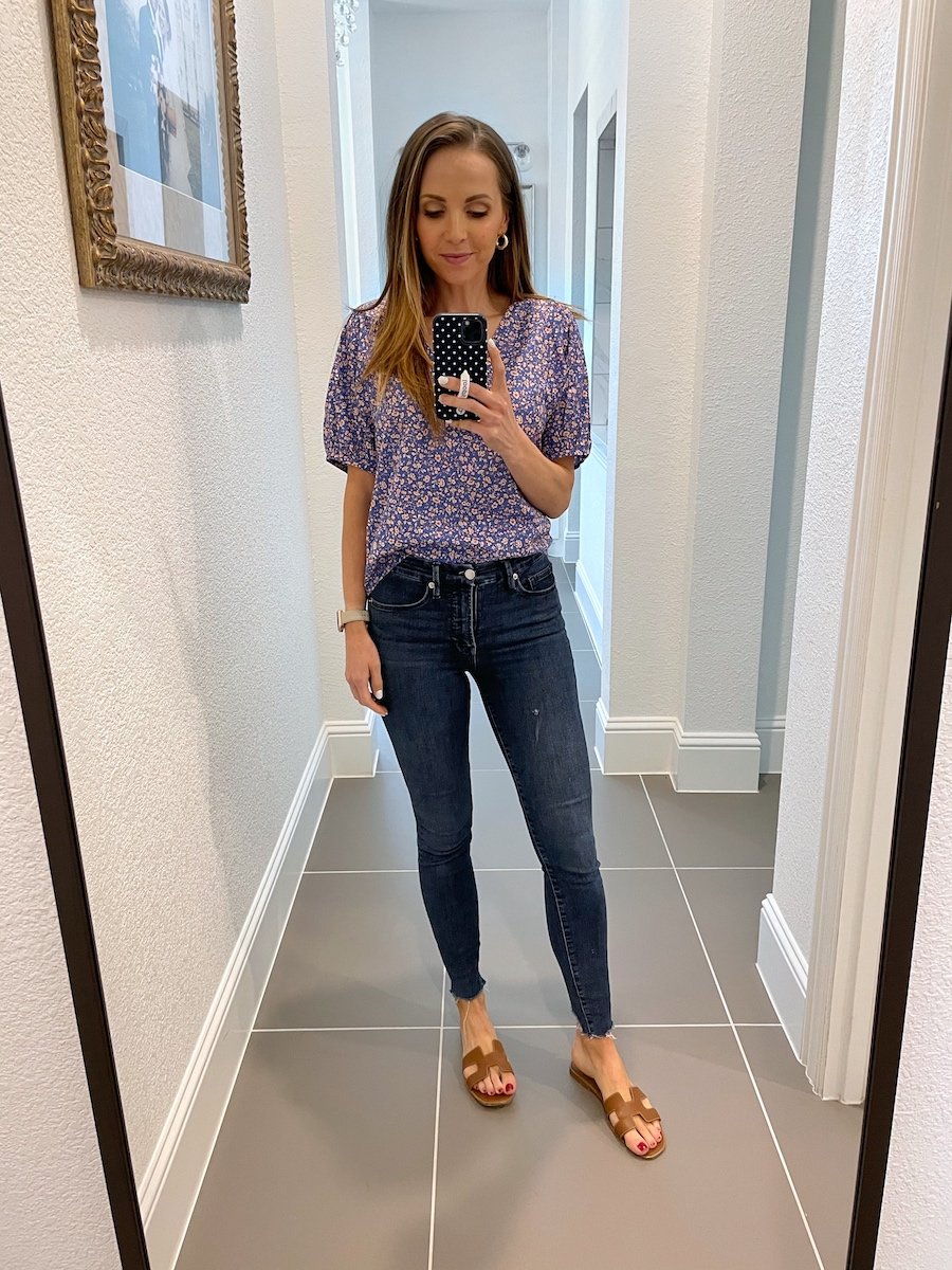 floral top and jeans