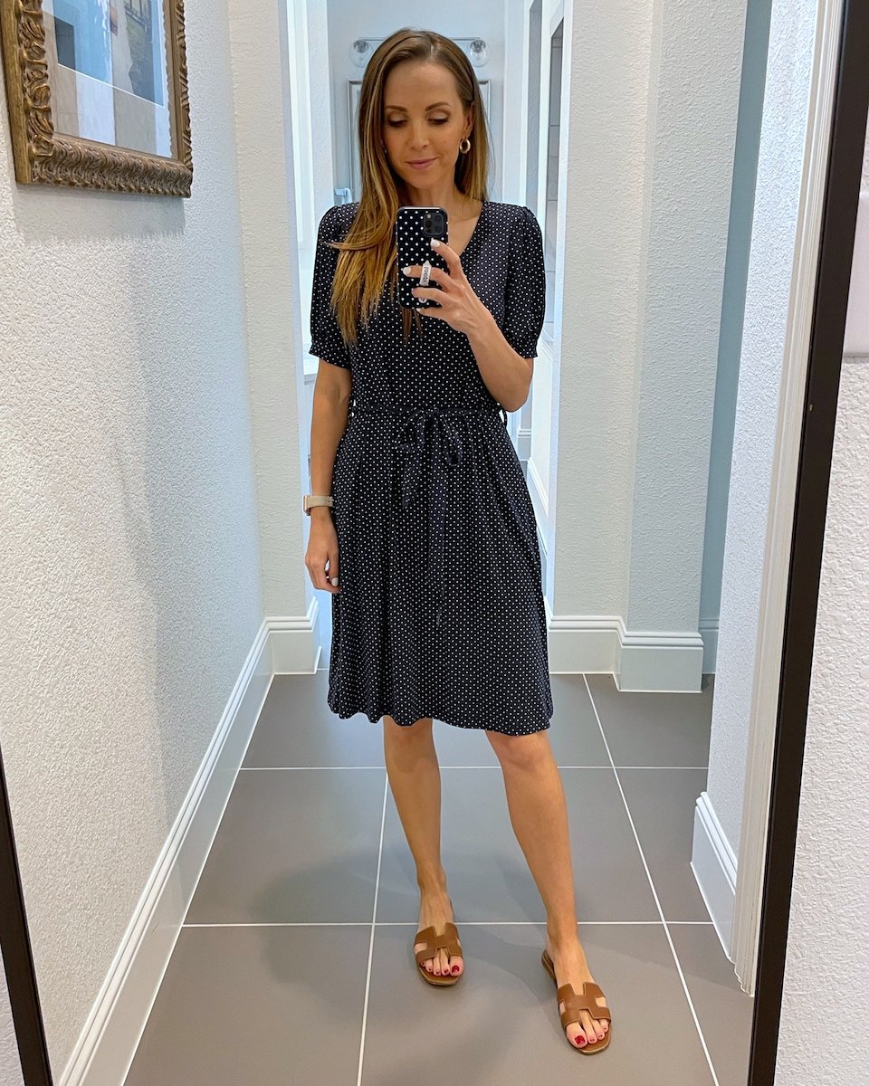 navy polka dot dress with sandals