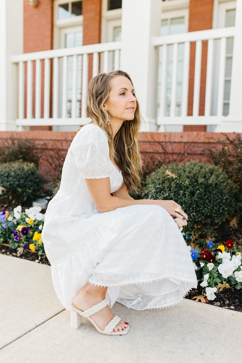 white eyelet dress and braided heeled sandals