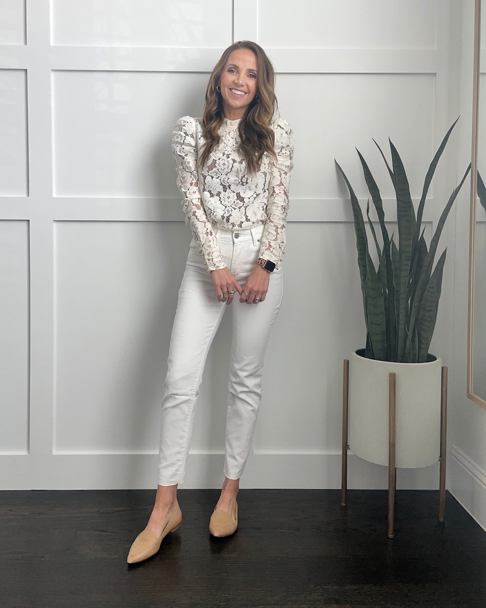 white lace top with white jeans