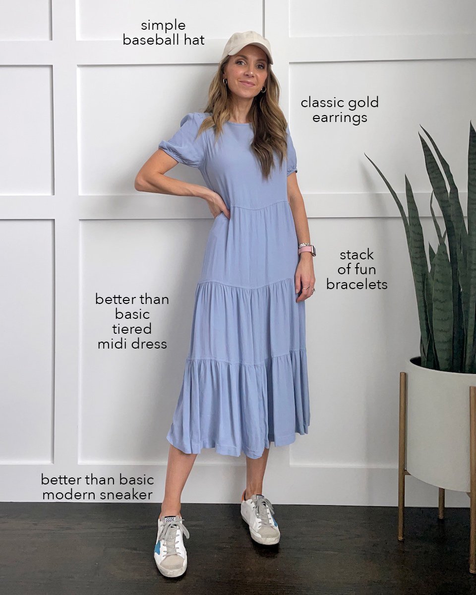 blue tiered dress with sneakers