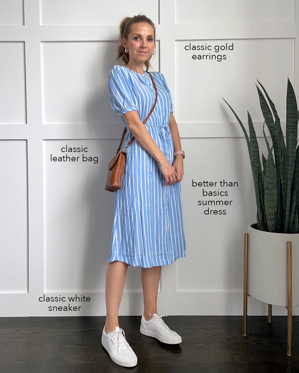 blue amazon dress with white sneakers