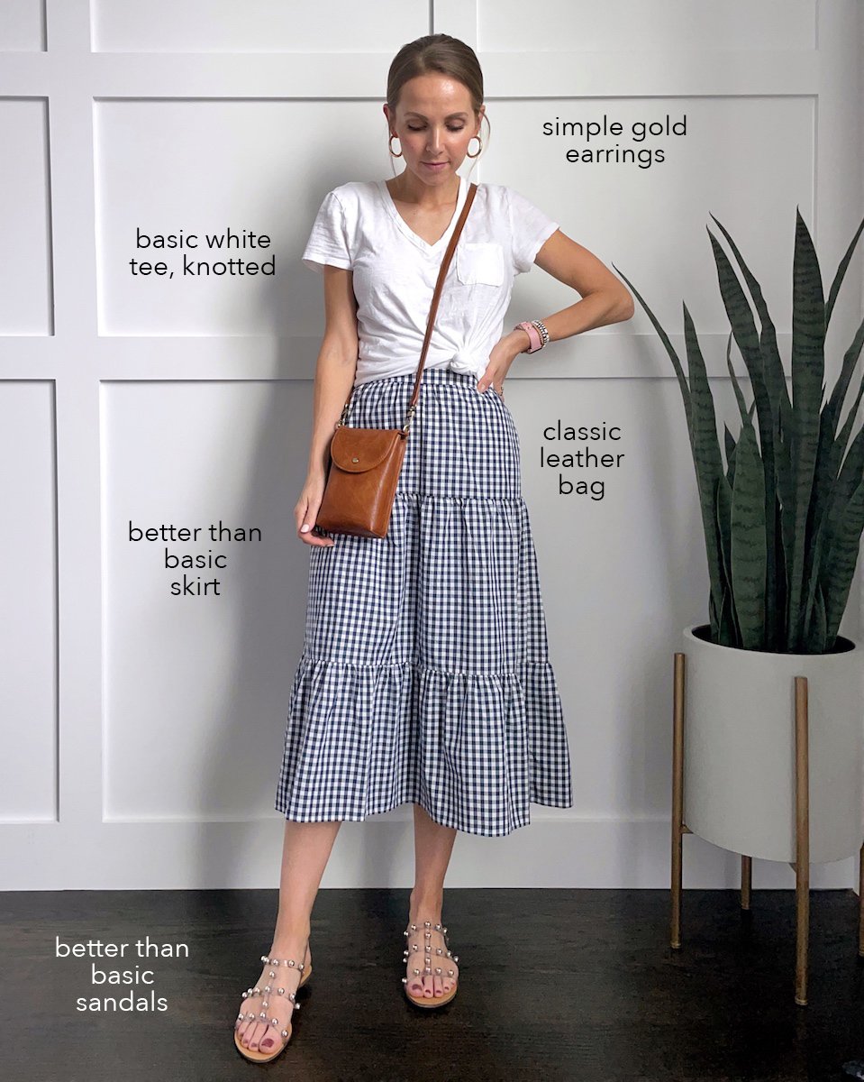 gingham skirt with white t-shirt