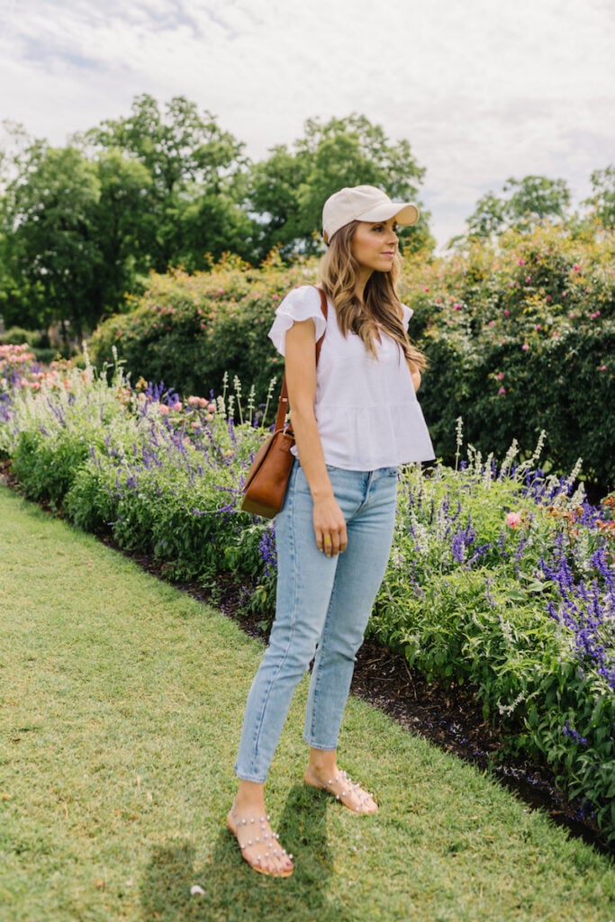 light wash jeans and white shirt