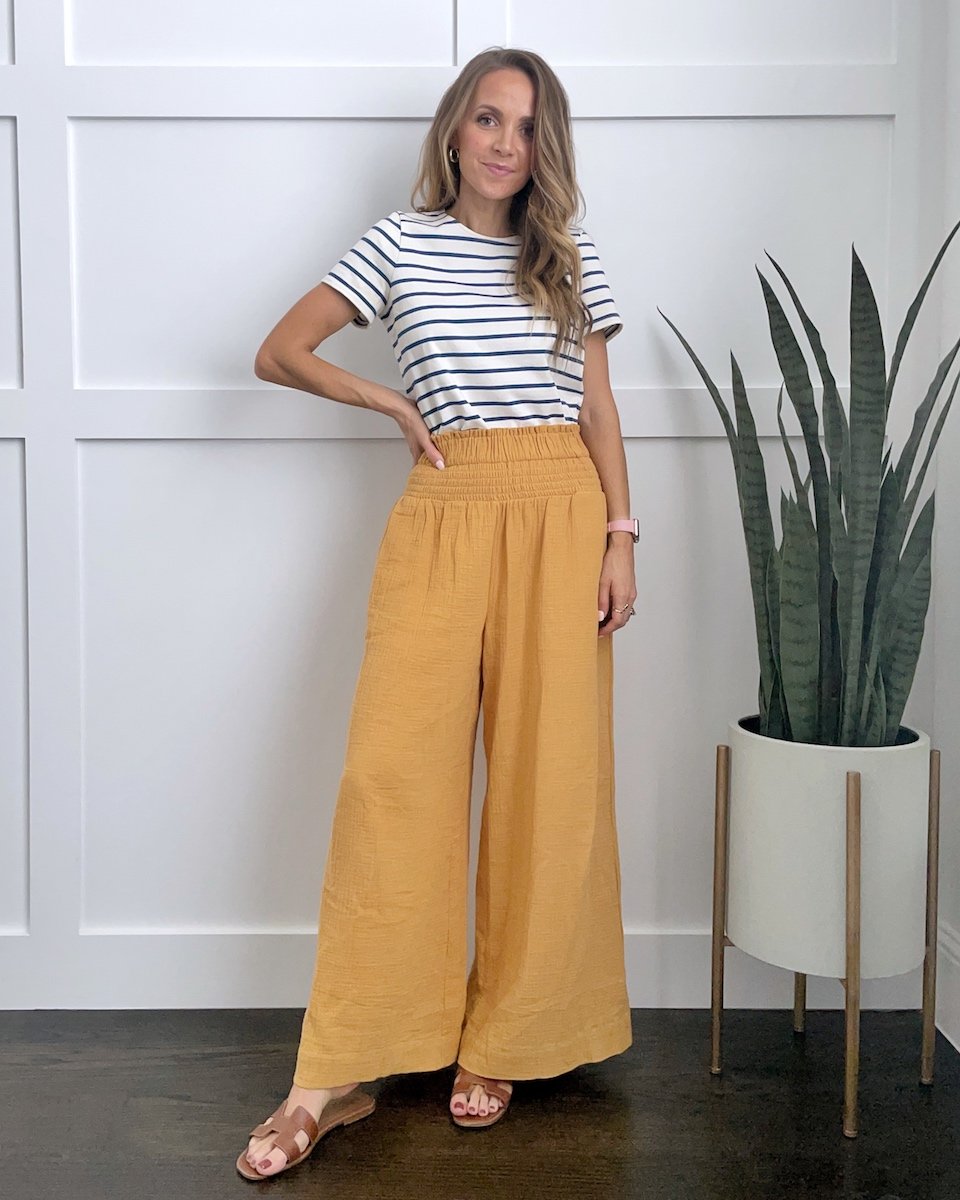 tucked shirt in wide leg pants