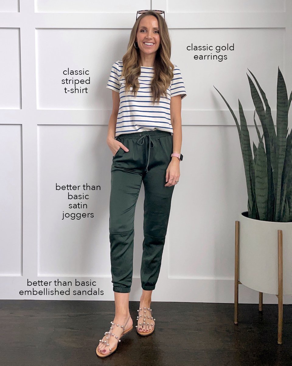 striped madewell tee and satin joggers