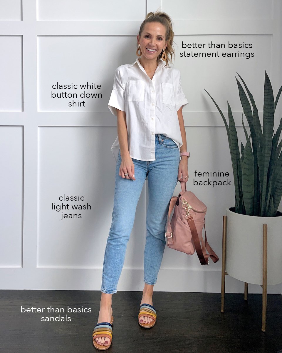 white top with rainbow sandals and lightwash jeans