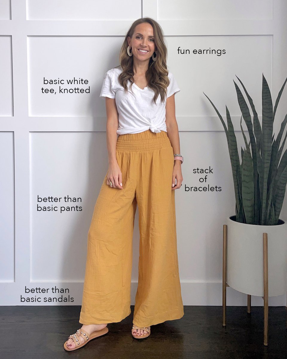 wide leg pants and white tee