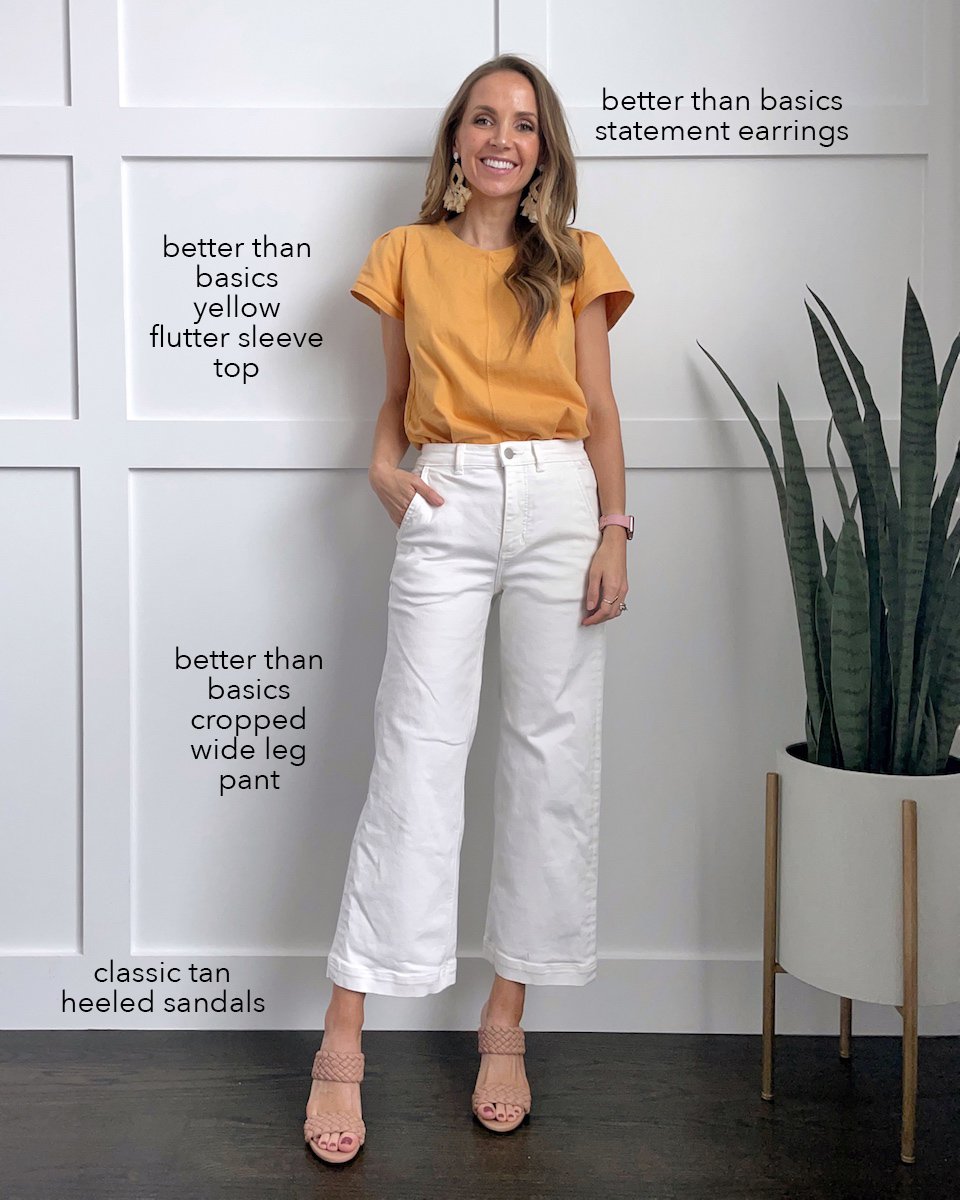 yellow top with white wide leg pants