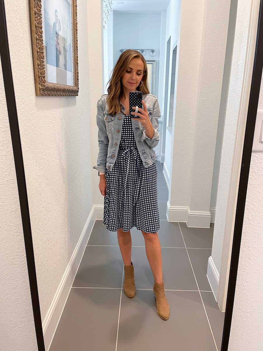 gingham dress with denim jacket