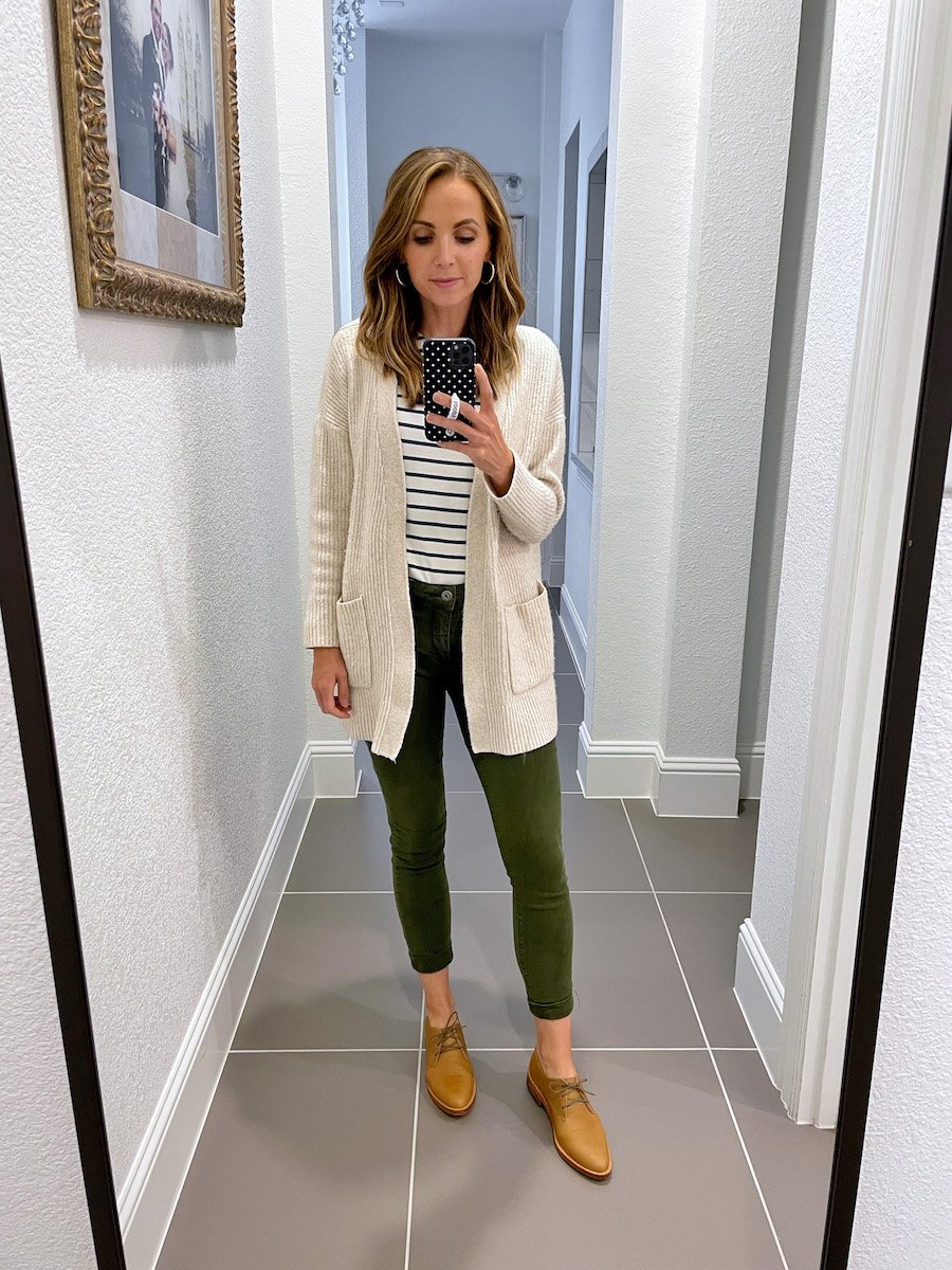 pants with cardigan and flats