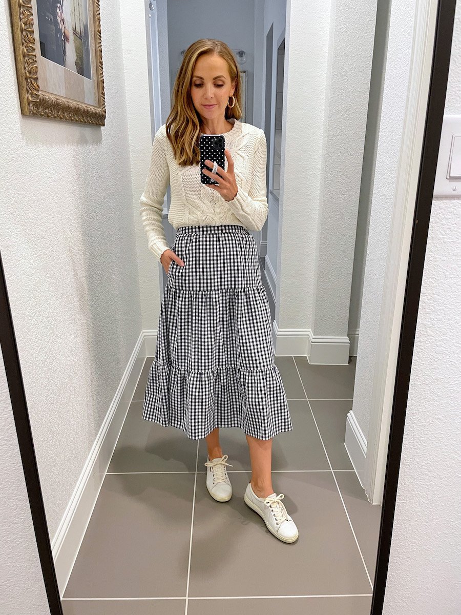 sweater and midi skirt