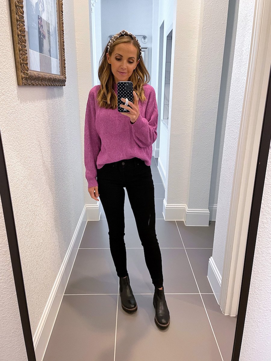 sweater with black jeans and boots