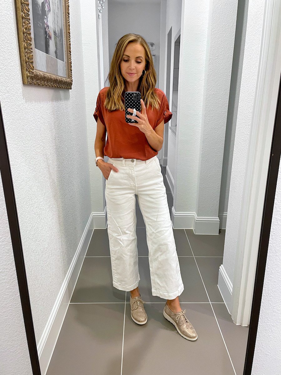 wide leg pants with rust top and oxford shoes