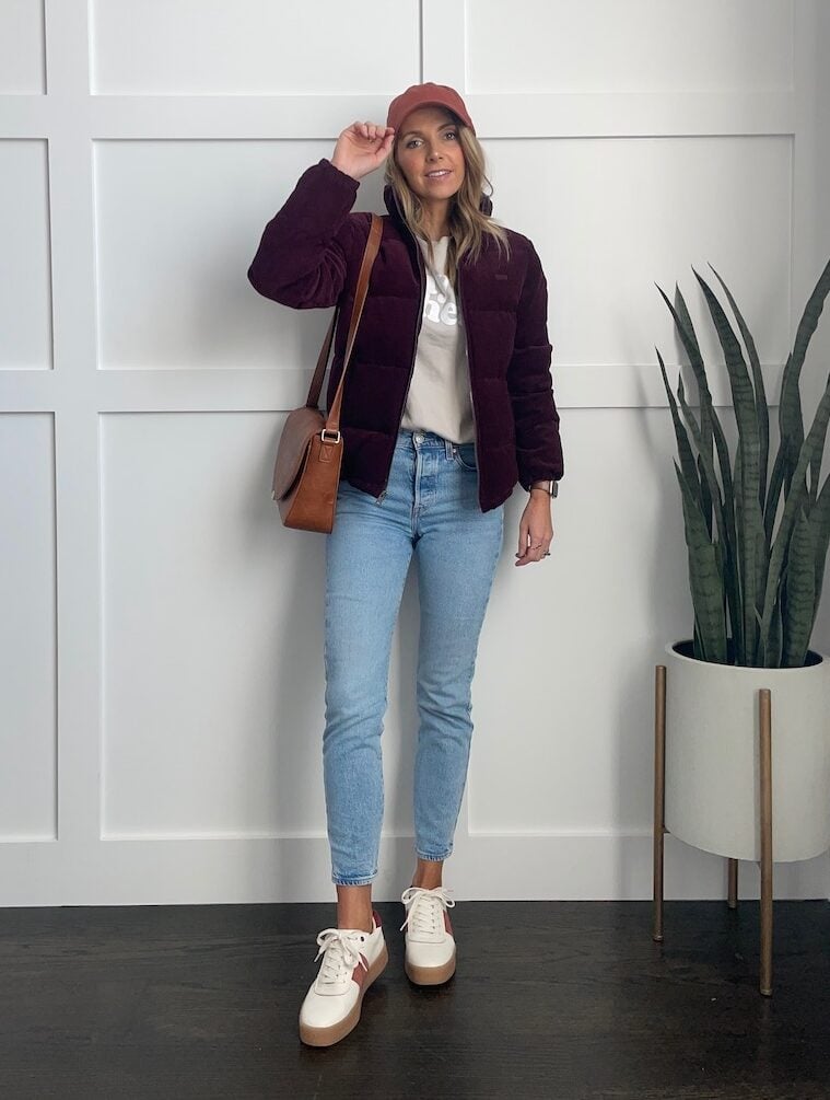 jeans with puffer coat and sneakers