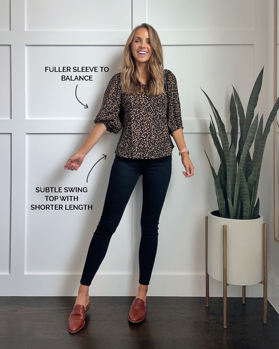 black skinny jeans, leopard swing top