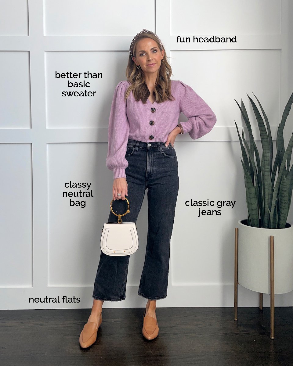 purple cardigan gray jeans
