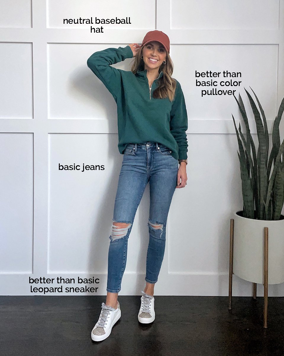 green pullover rust hat shoes for fall