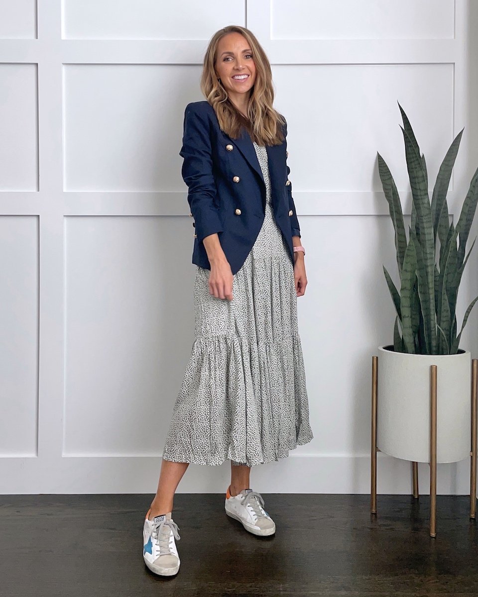 navy blazer with midi dress