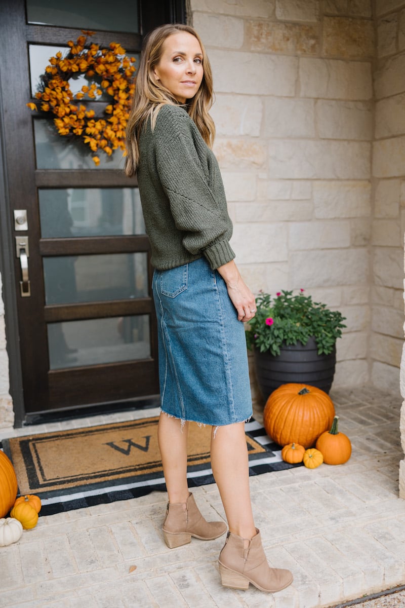 denim skirt with sweater
