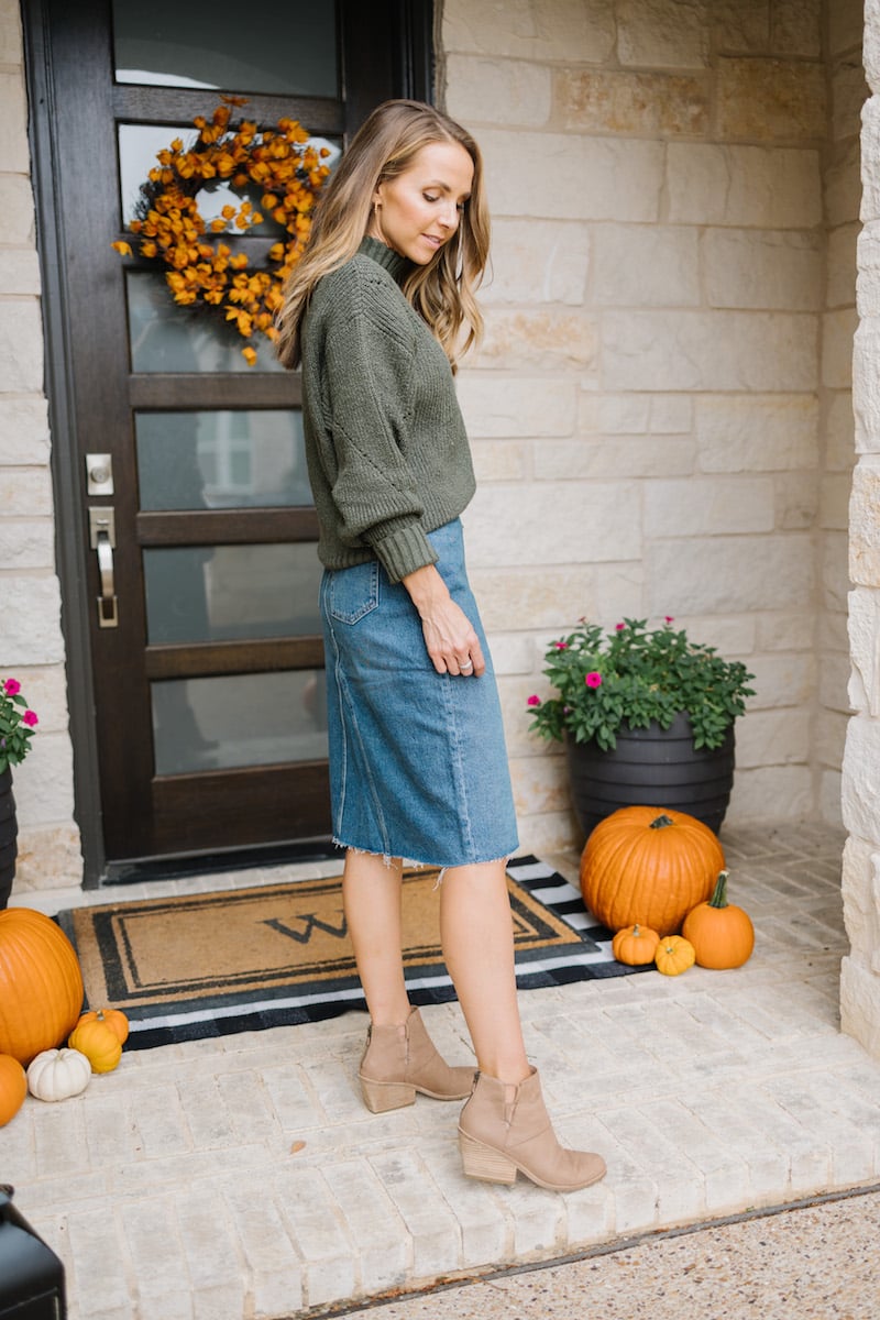 denim skirt with green sweater