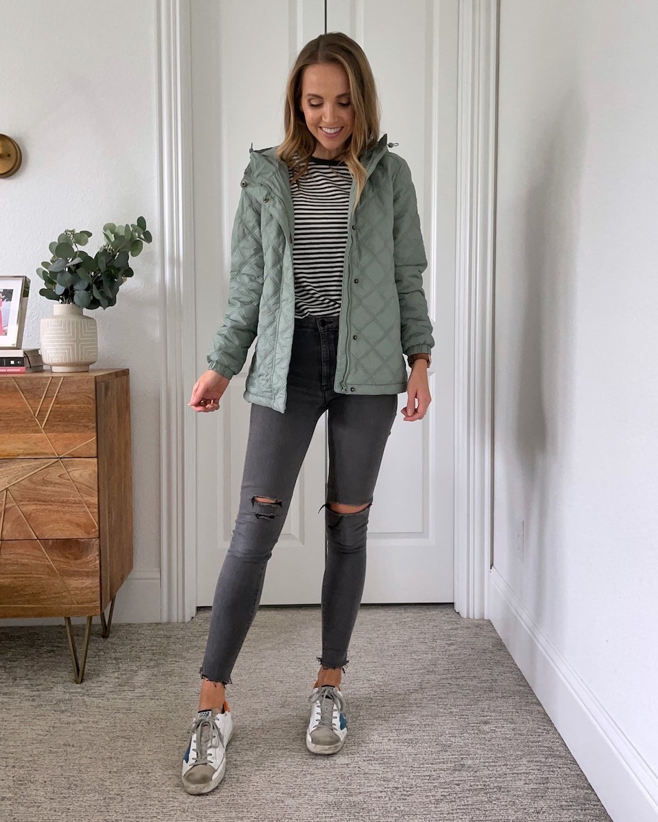 gray jeans with quilted coat