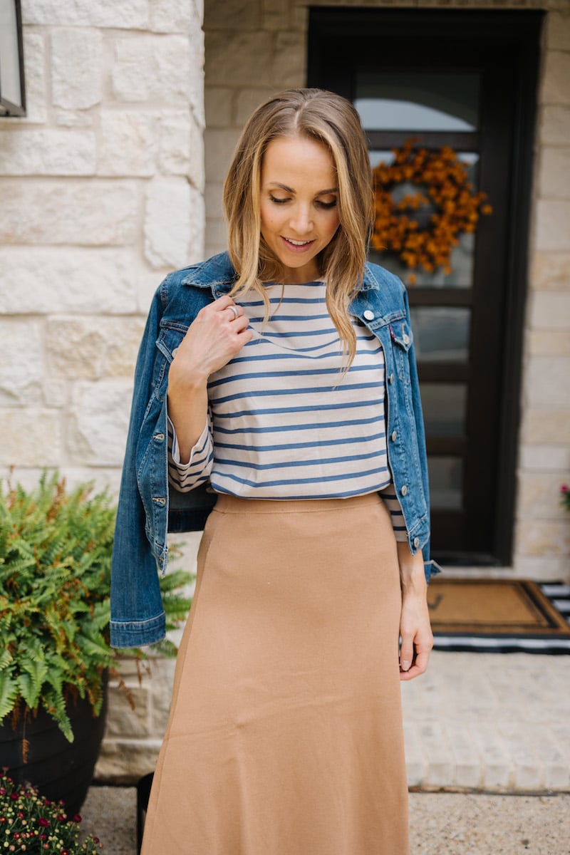 striped skirt with sweater