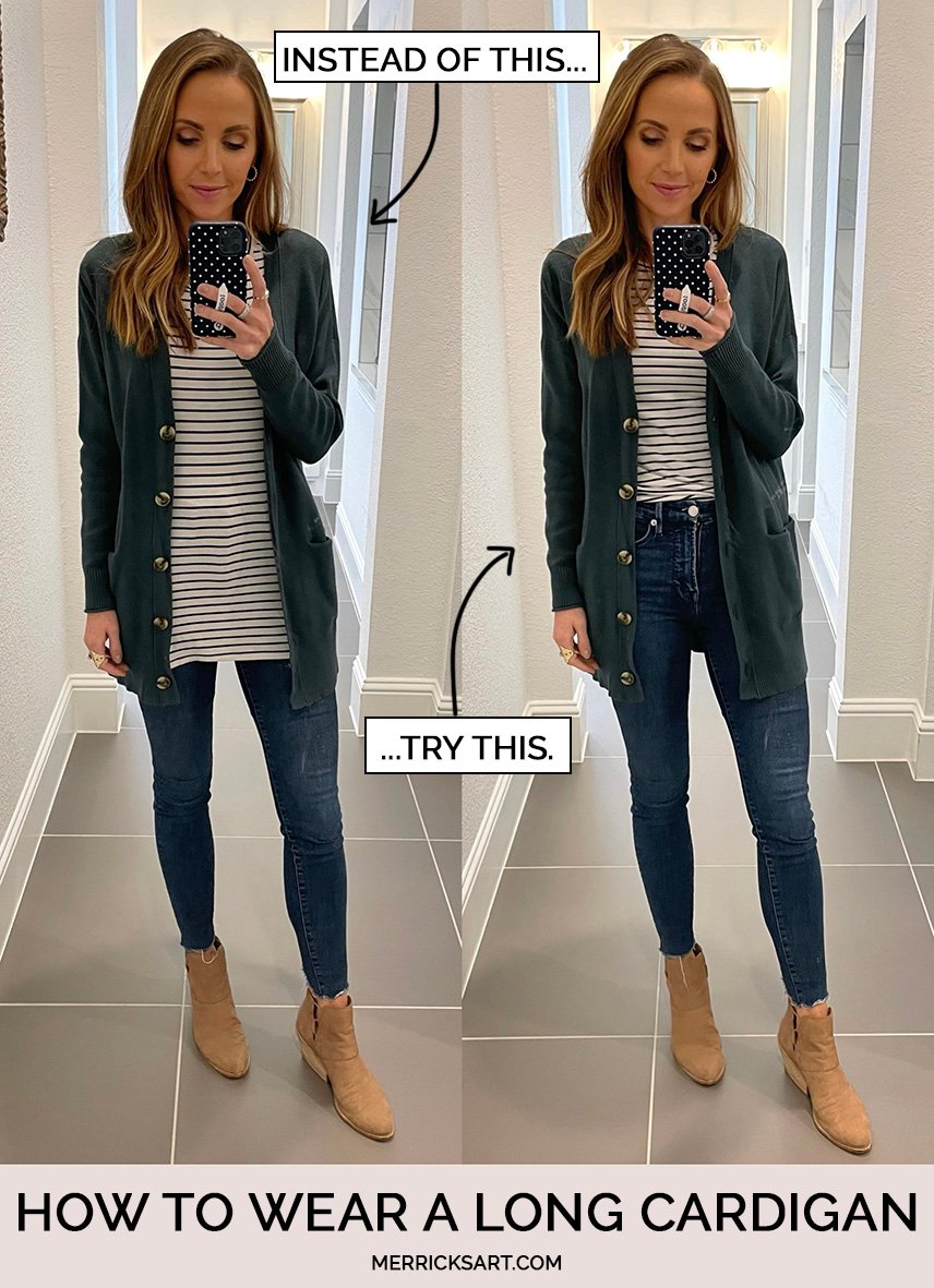 green cardigan with striped tee and jeans