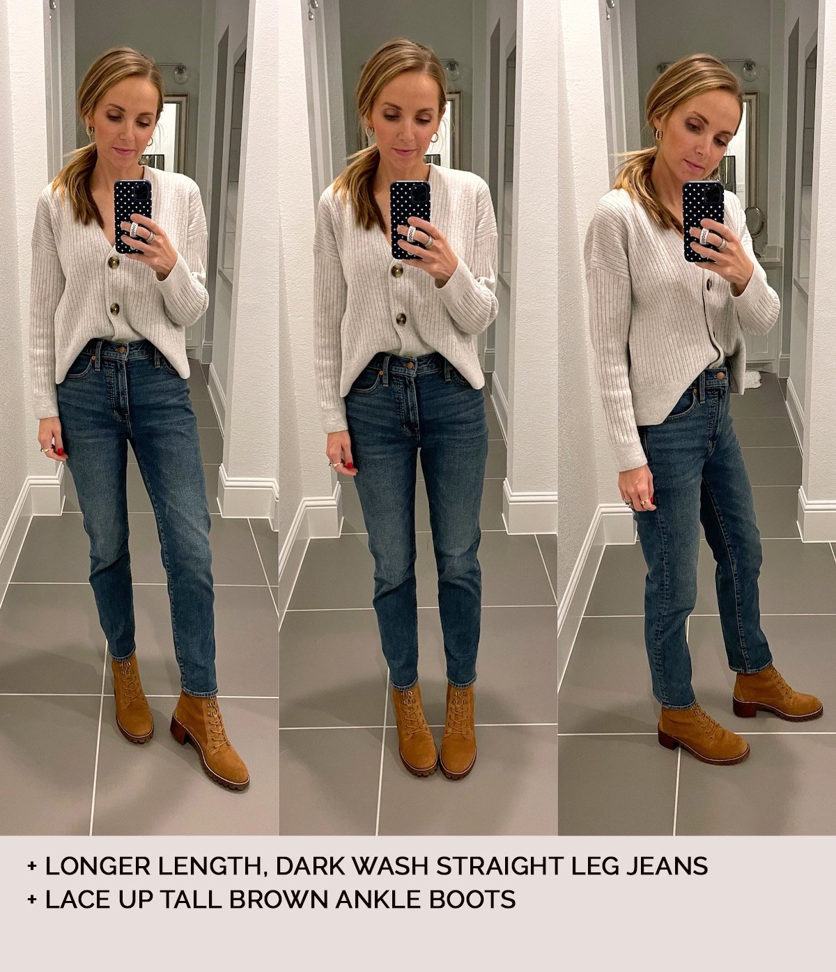 lace up boots with dark wash straight leg jeans