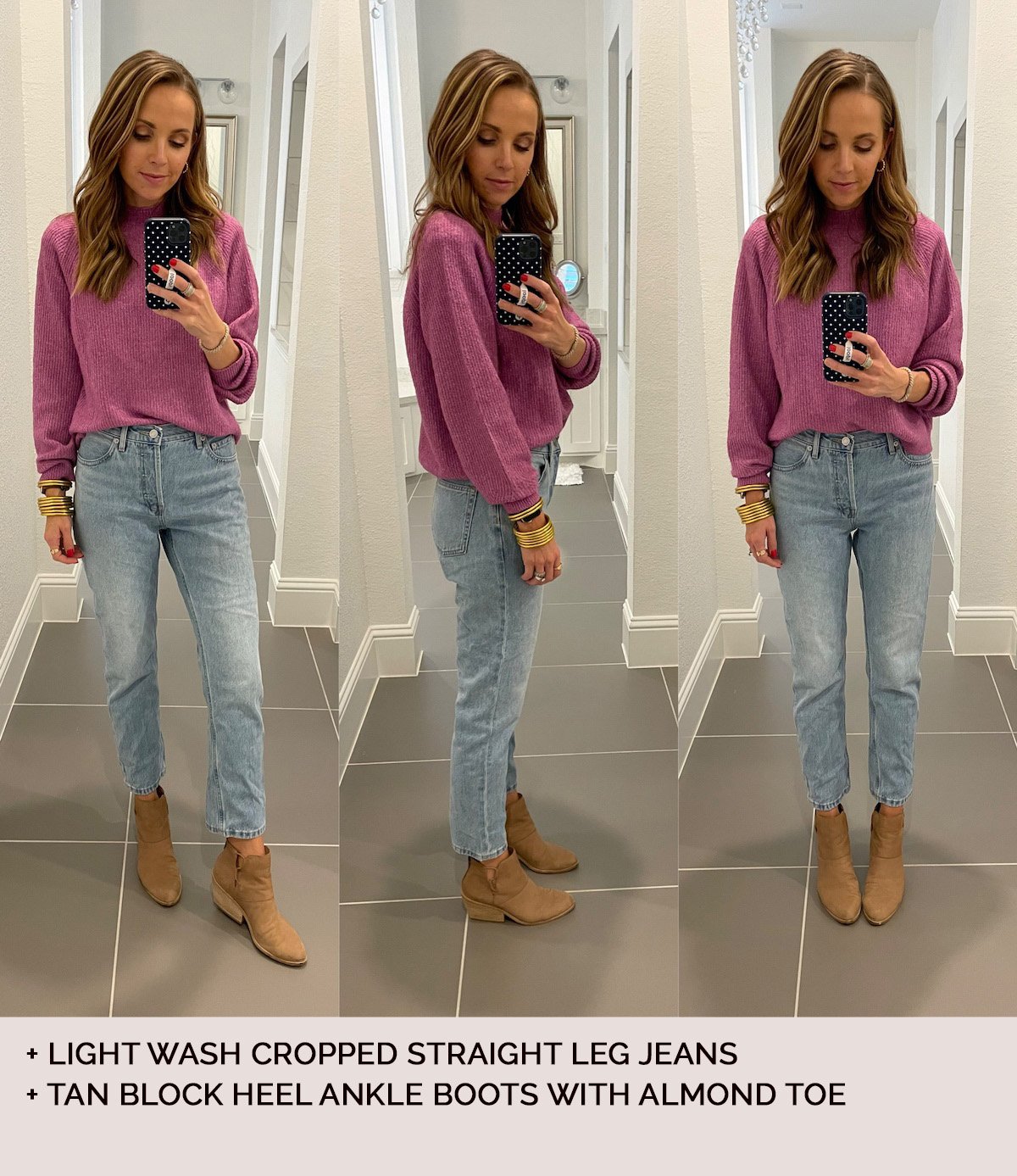 light wash jeans with tan block heel ankle boots