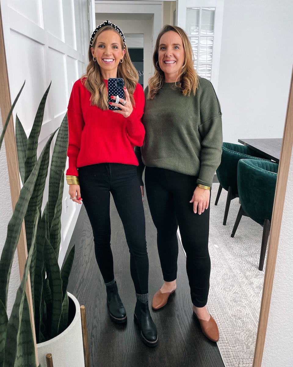 sweater and leggings holiday outfits
