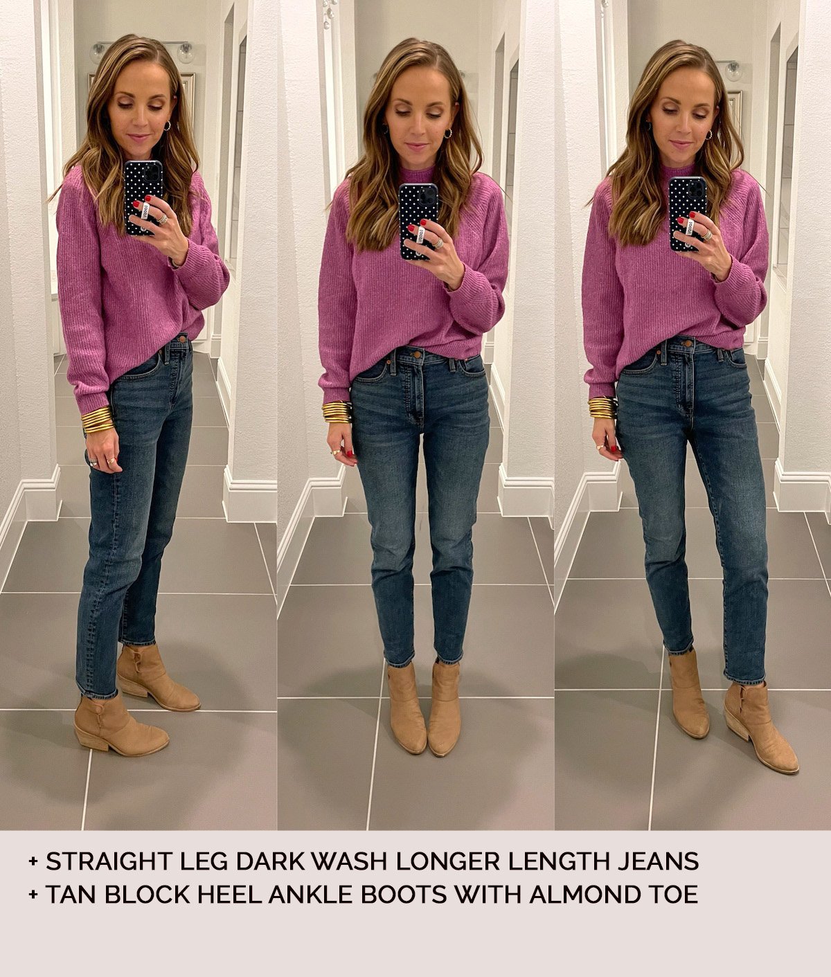 straight leg dark wash jeans with tan ankle boots