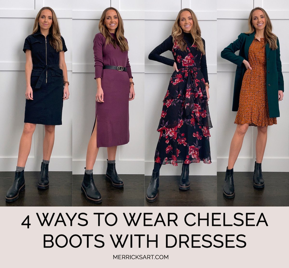 4 ways to wear chelsea boots with dresses