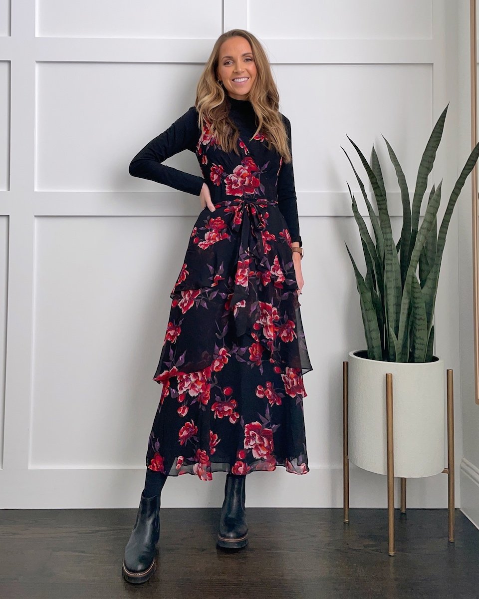 CHELSEA BOOTS WITH FLORAL MIDI DRESS