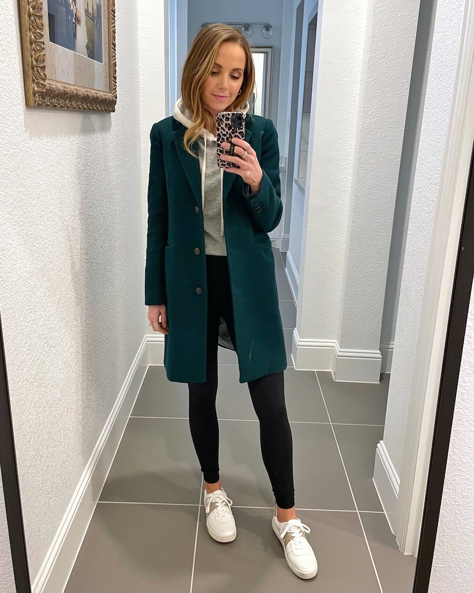 green coat with gray hoodie
