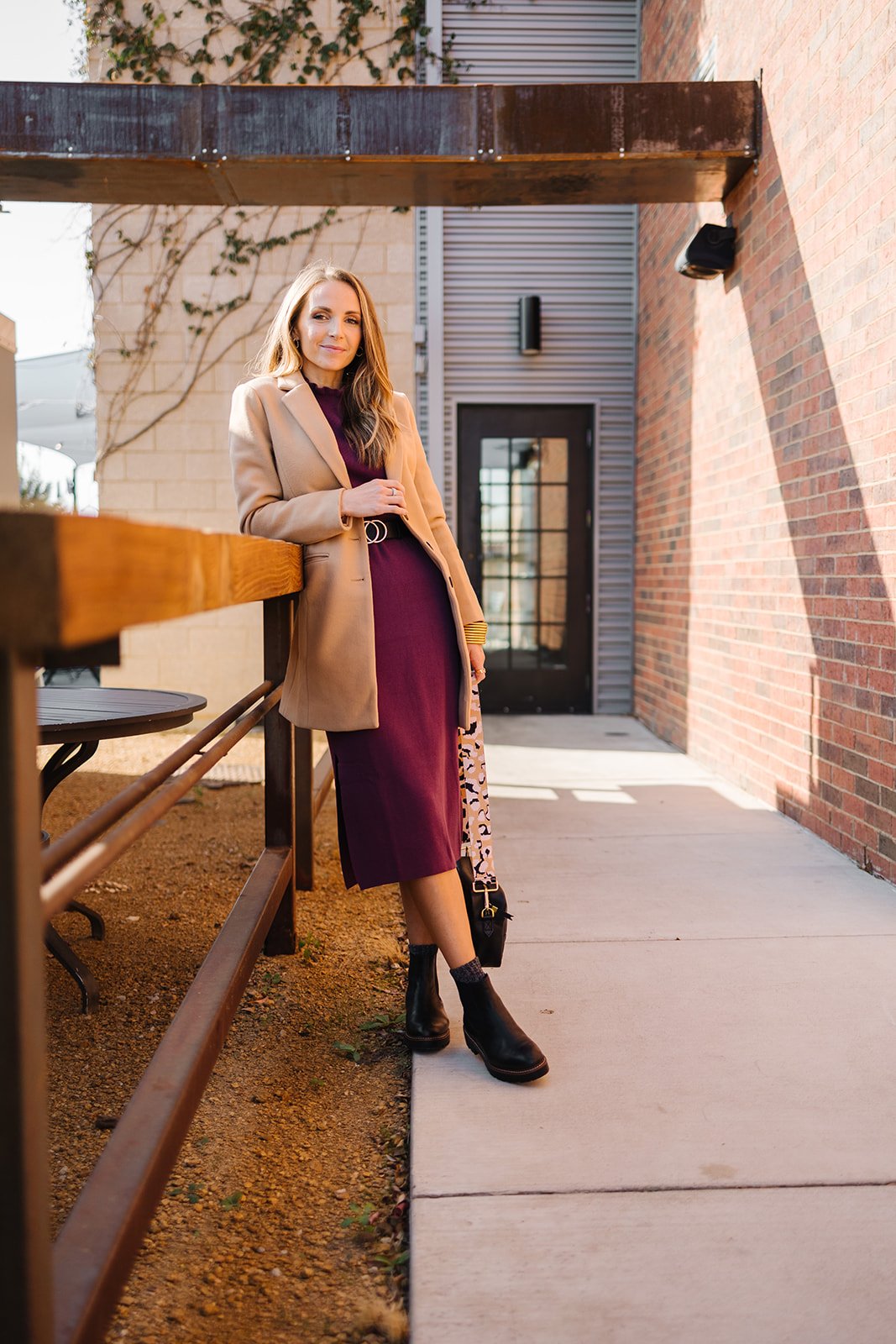 fun outfits sweater dress with coat and ankle boots