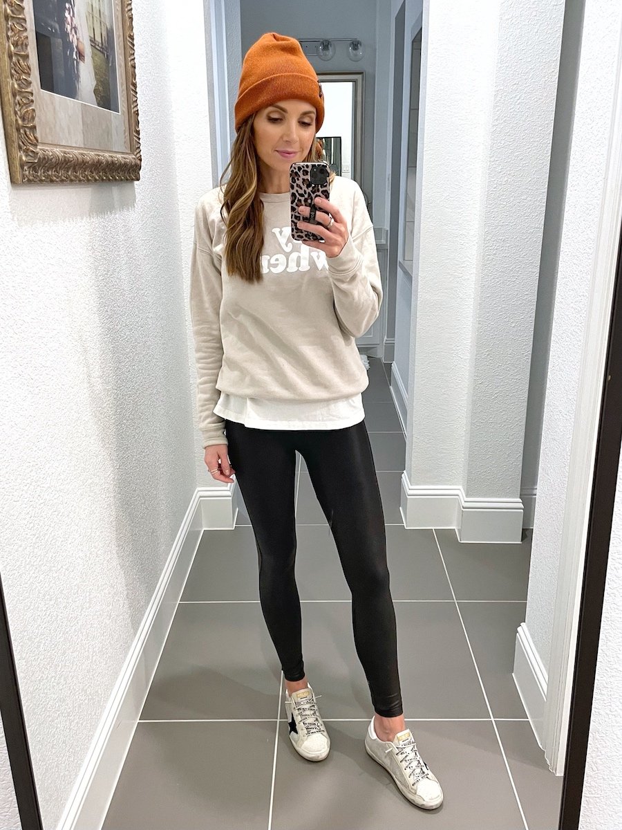 anywhere sweatshirt and leather leggings