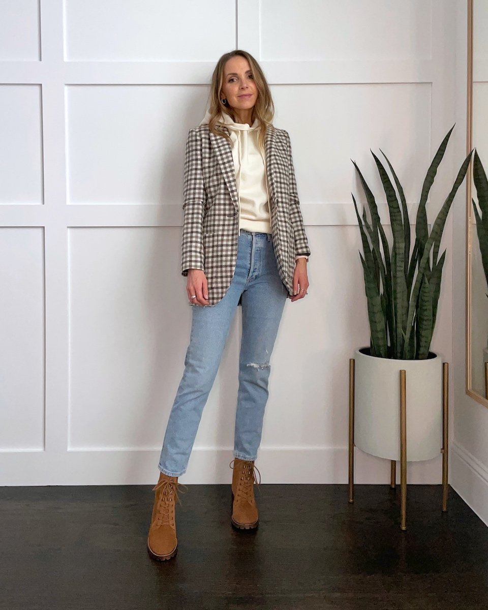 LIGHT WASH JEANS WITH BLAZER AND HOODIE