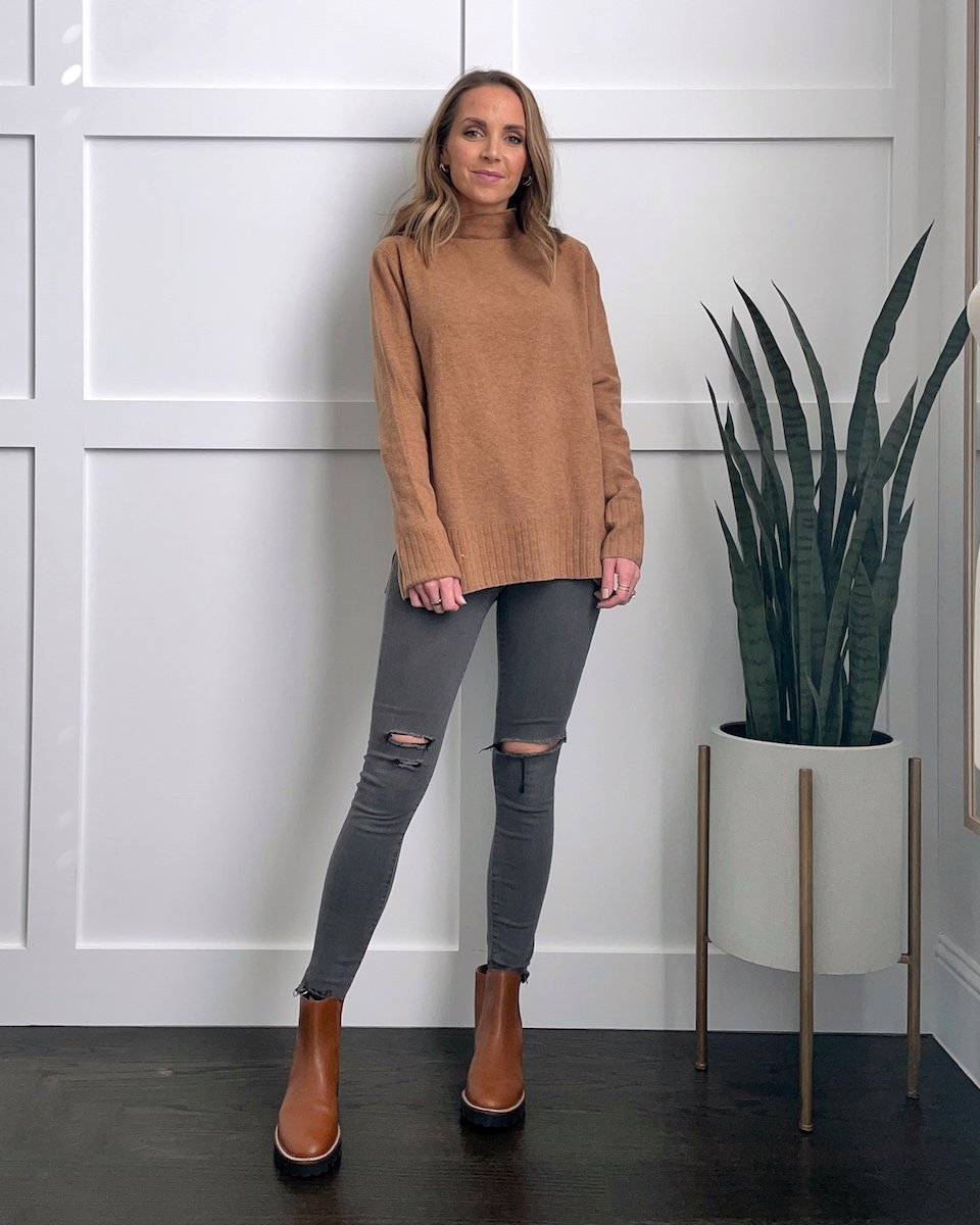 brown sweater with gray jeans