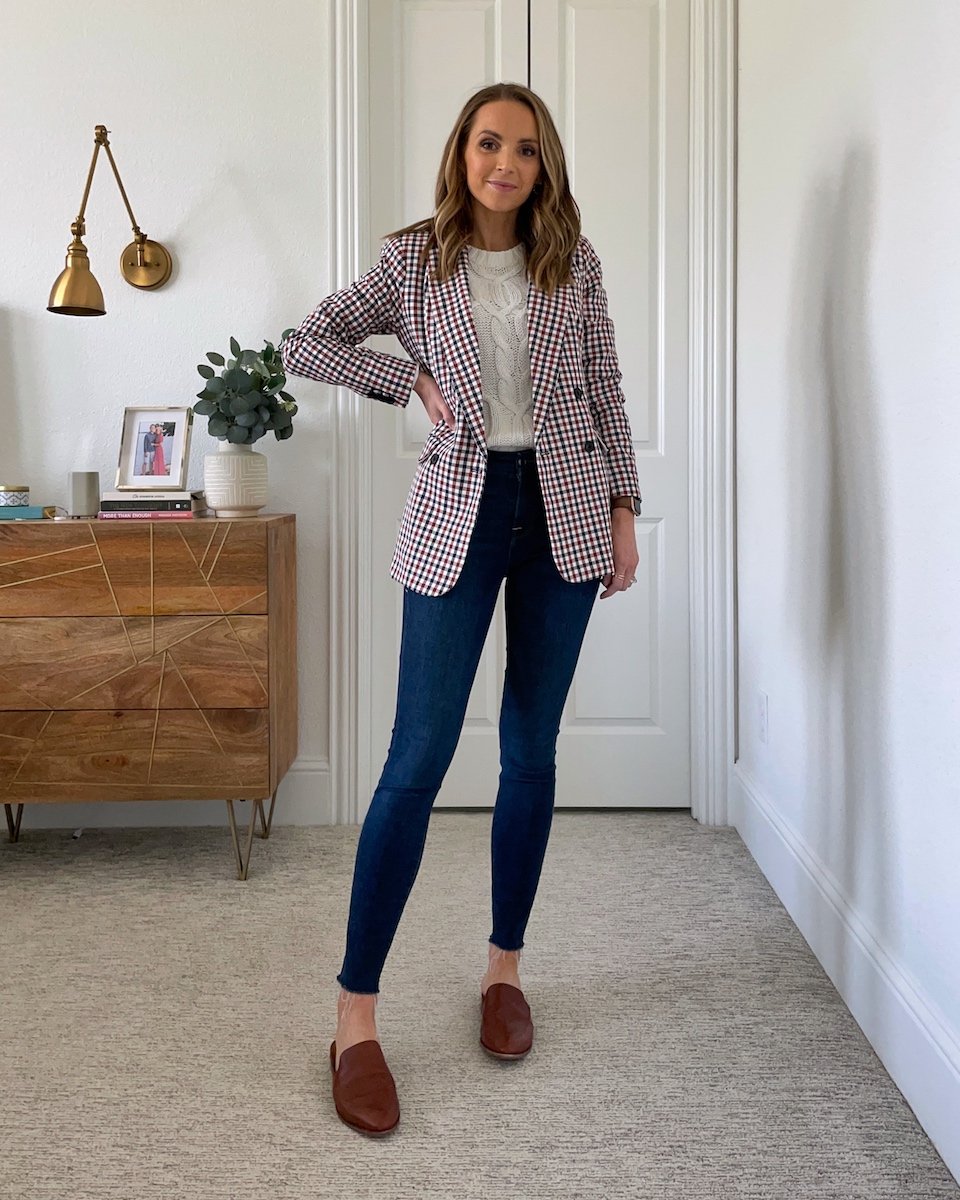 cable knit sweater with skinny jeans and plaid blazer