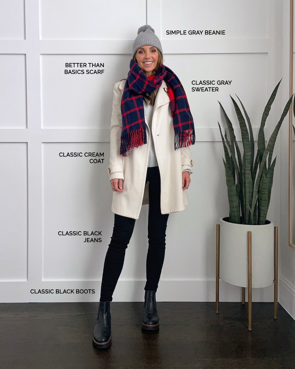 plaid scarf with white coat and gray beanie