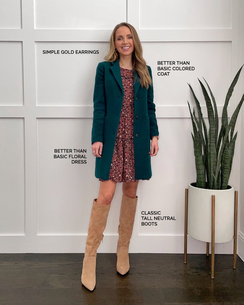 floral dress with a green coat
