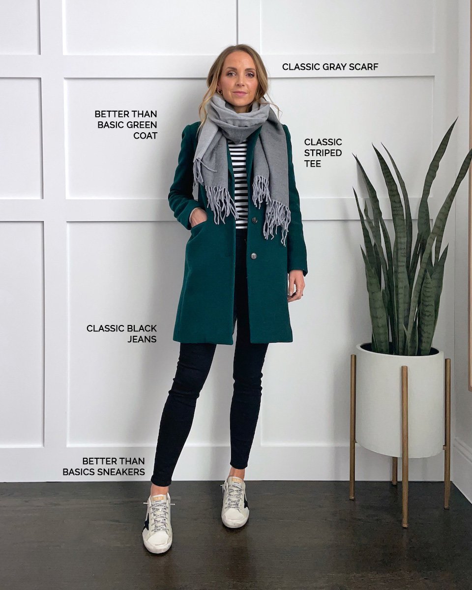 green winter coat with golden goose sneakers and gray scarf