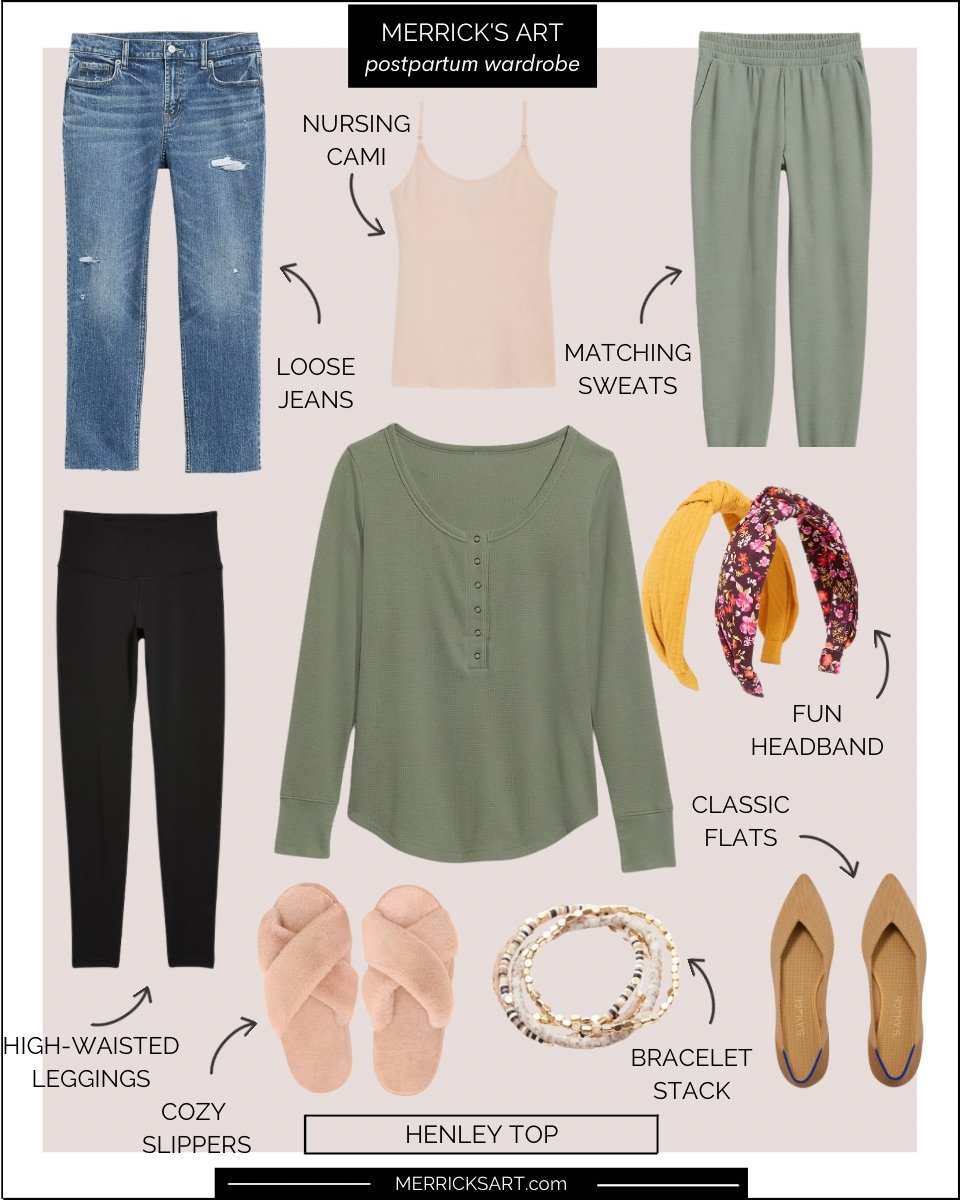 collage with henley top postpartum