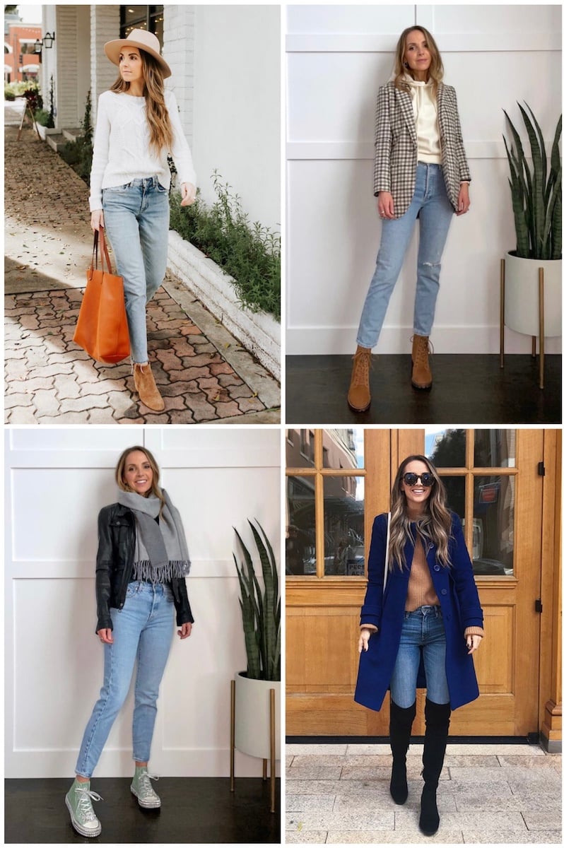 how to wear light wash jeans in winter