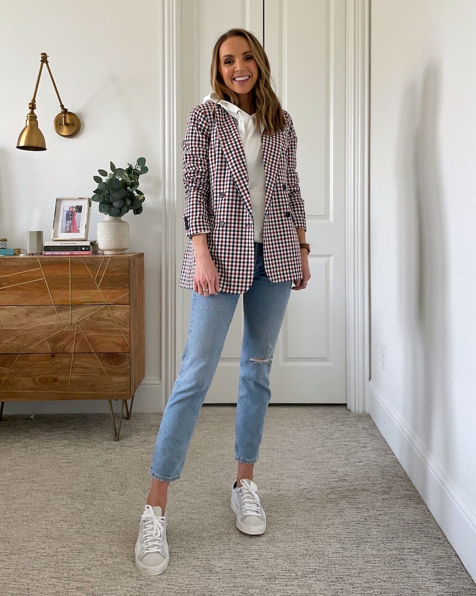 plaid blazer with white hoodie