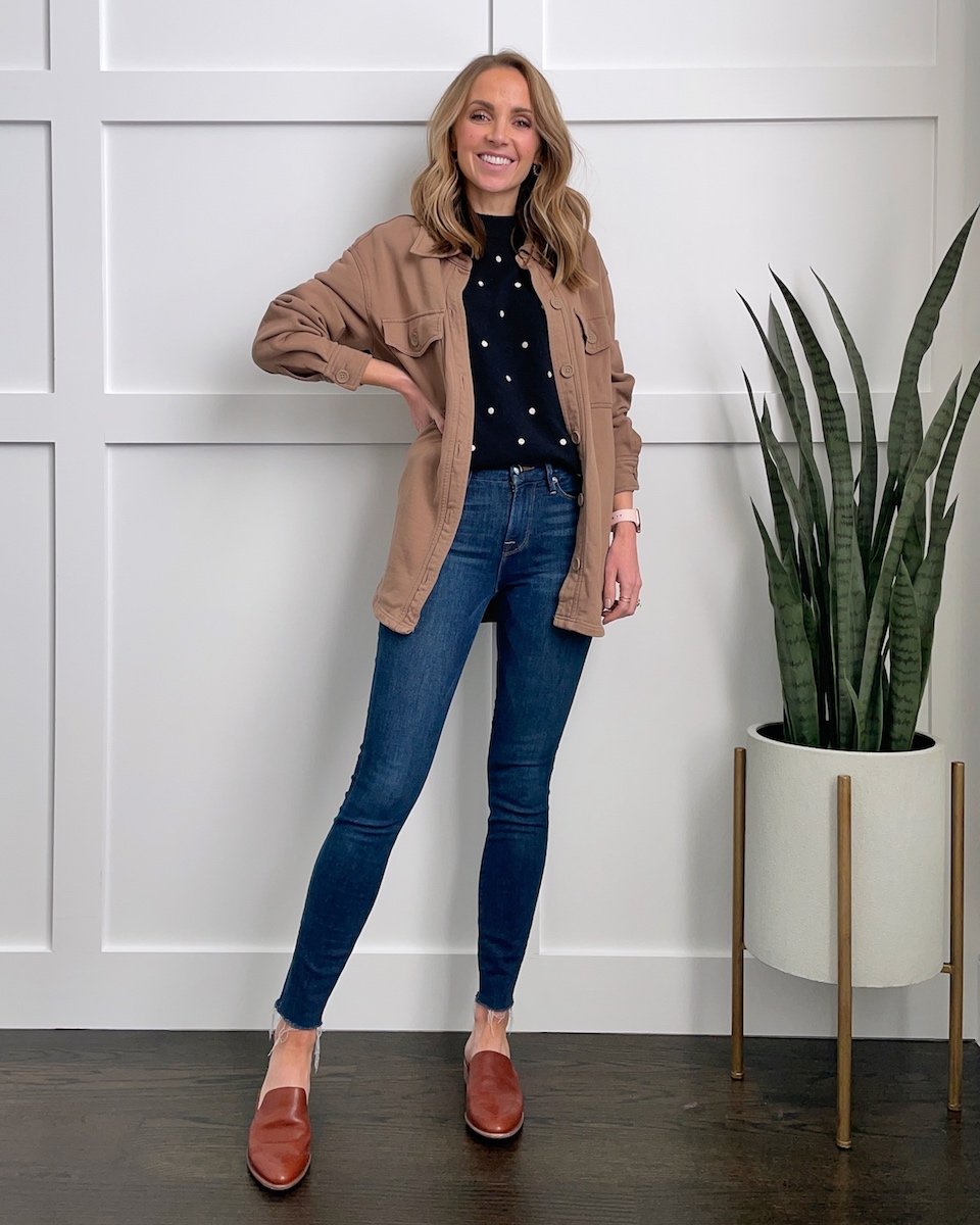shacket with skinny jeans