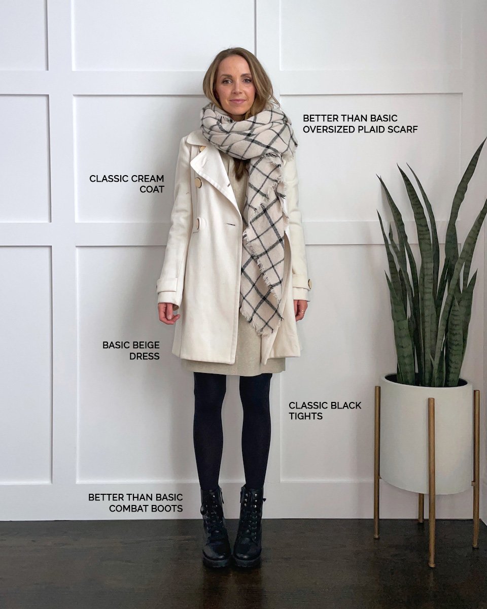 cream coat with windowpane plaid scarf and black tights